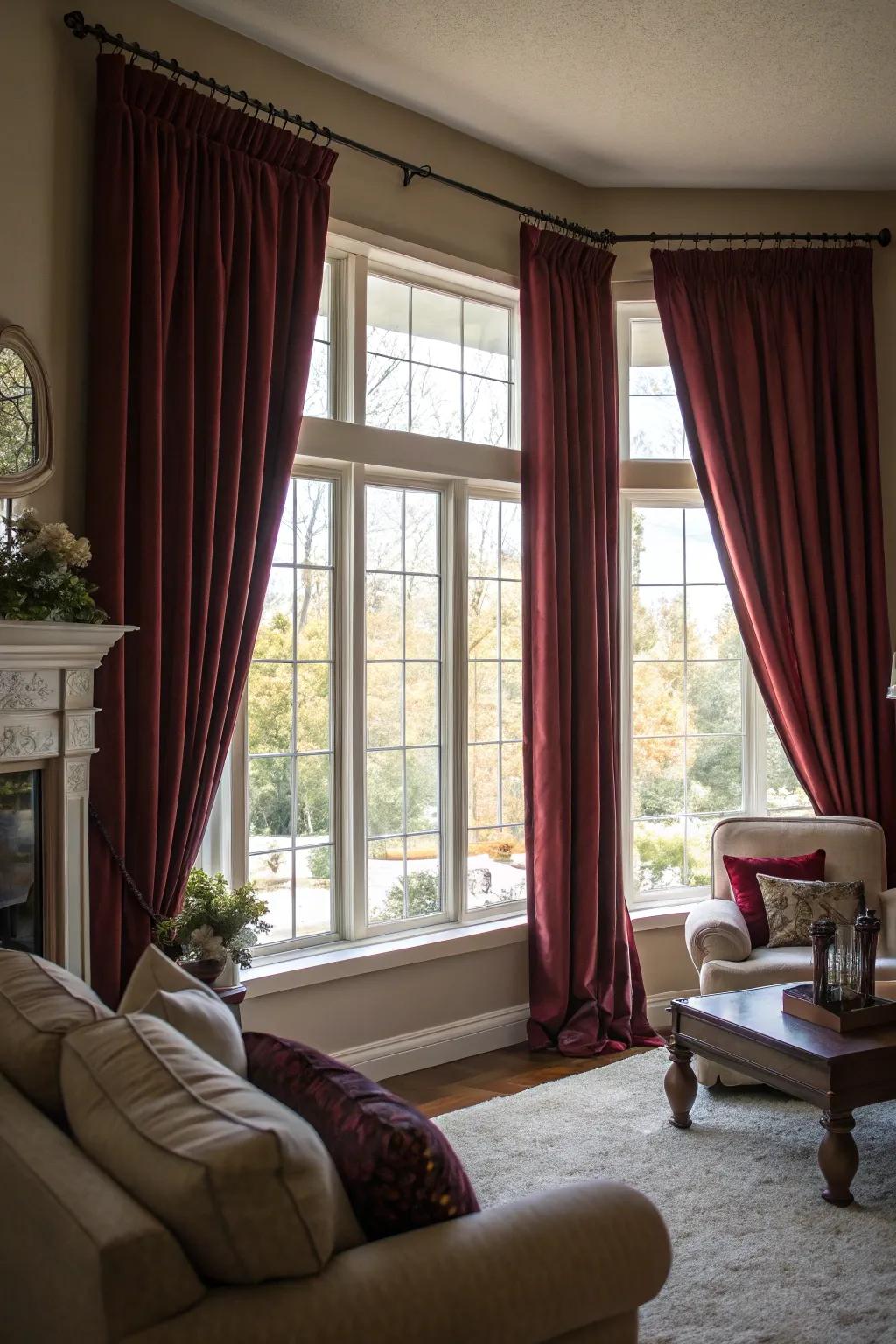 Burgundy curtains add luxury and warmth to any living room.