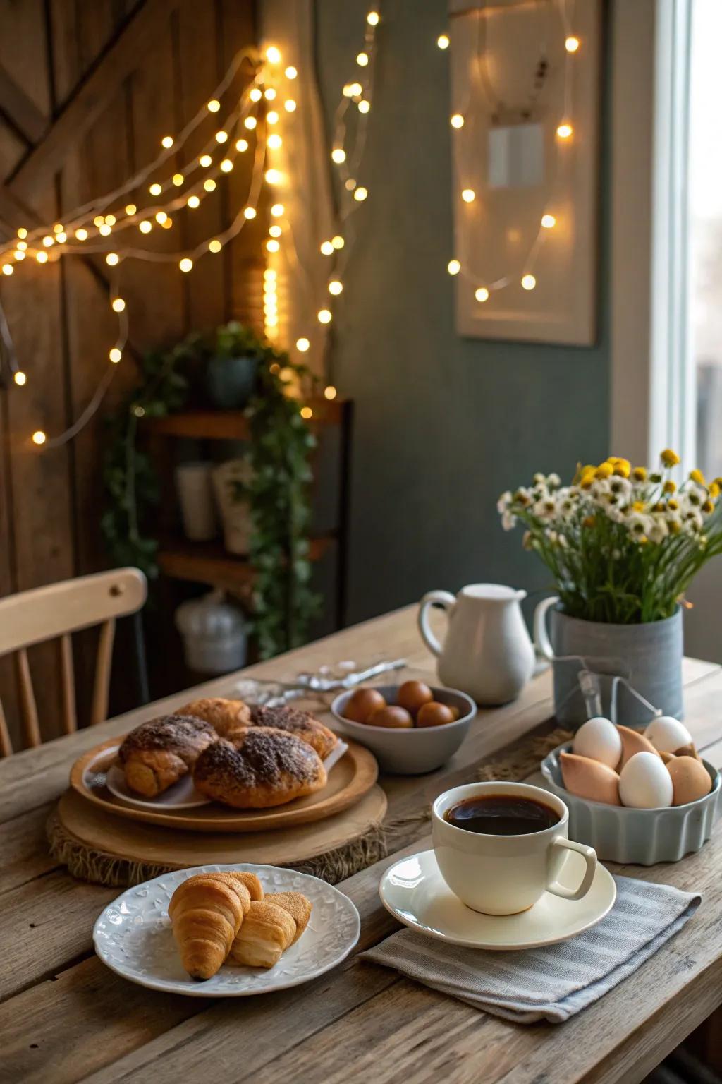 A brunch setting illuminated by the warm glow of string lights.