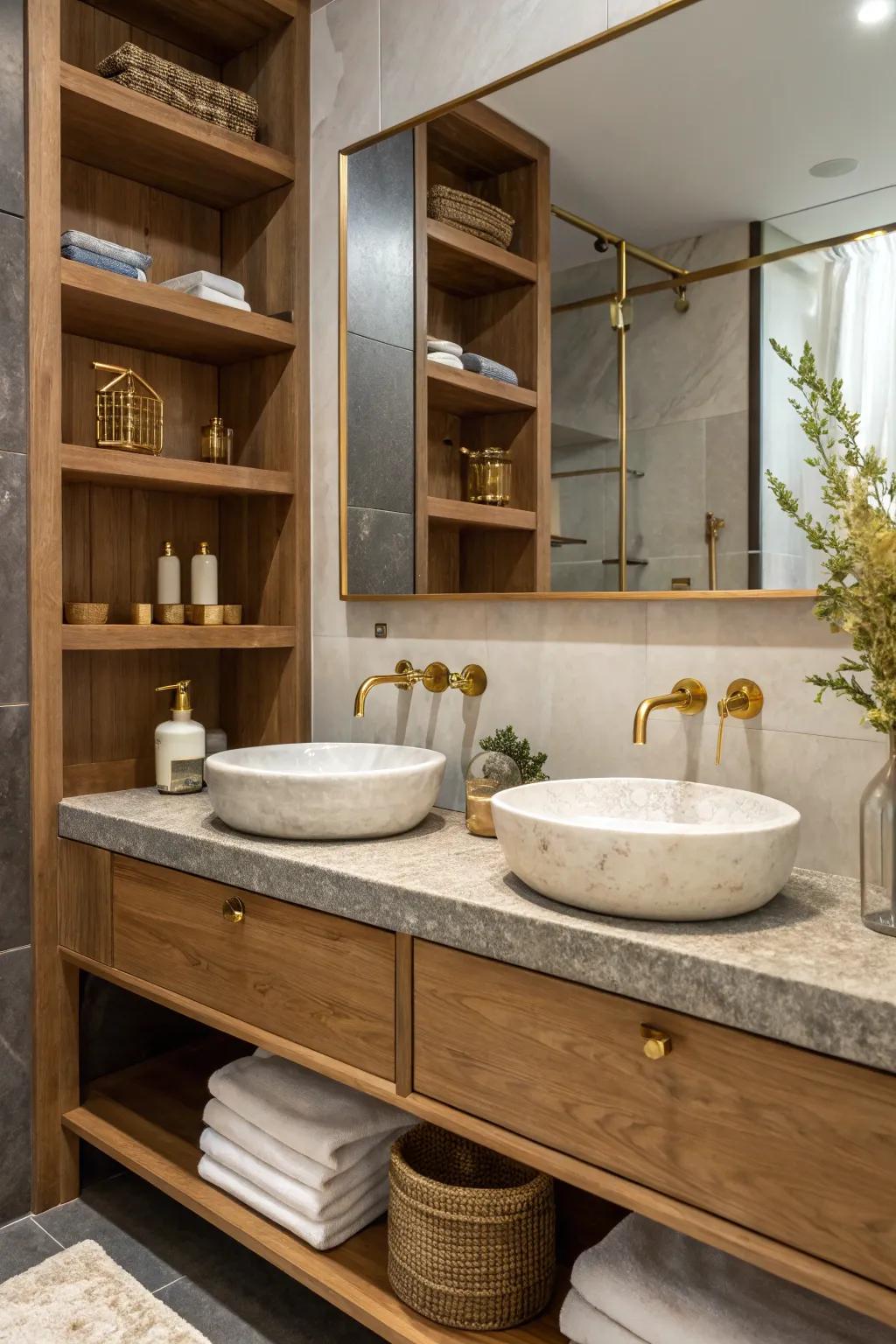 Brushed brass fixtures paired with natural wood and stone for a harmonious design.