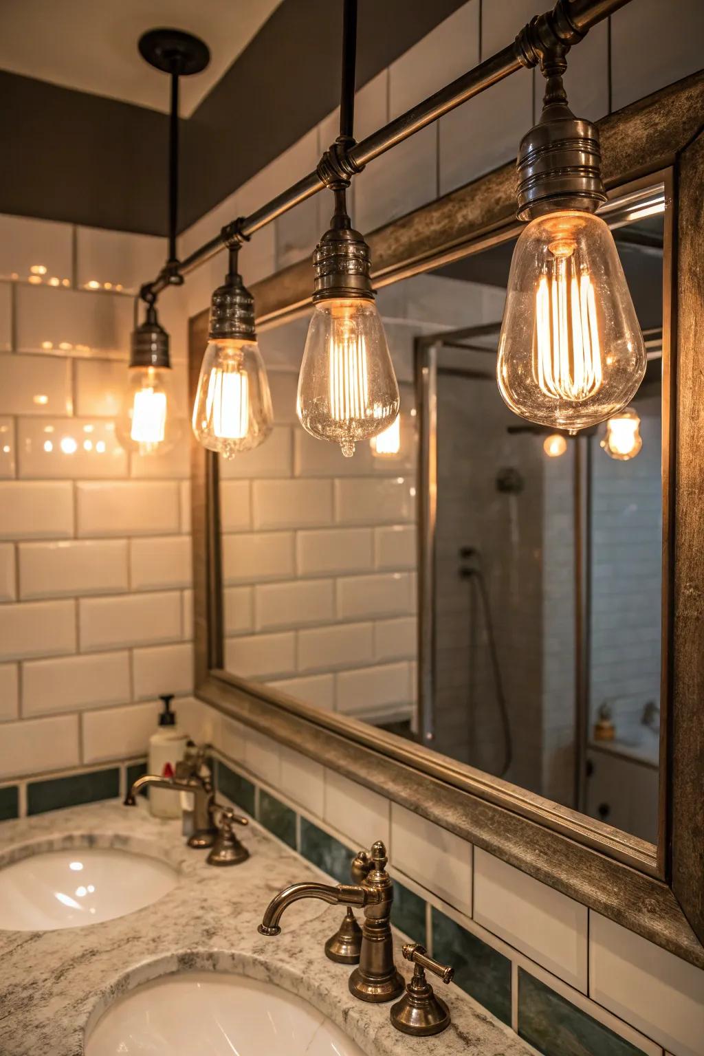 Vintage brushed nickel lighting with Edison bulbs above a bathroom mirror.