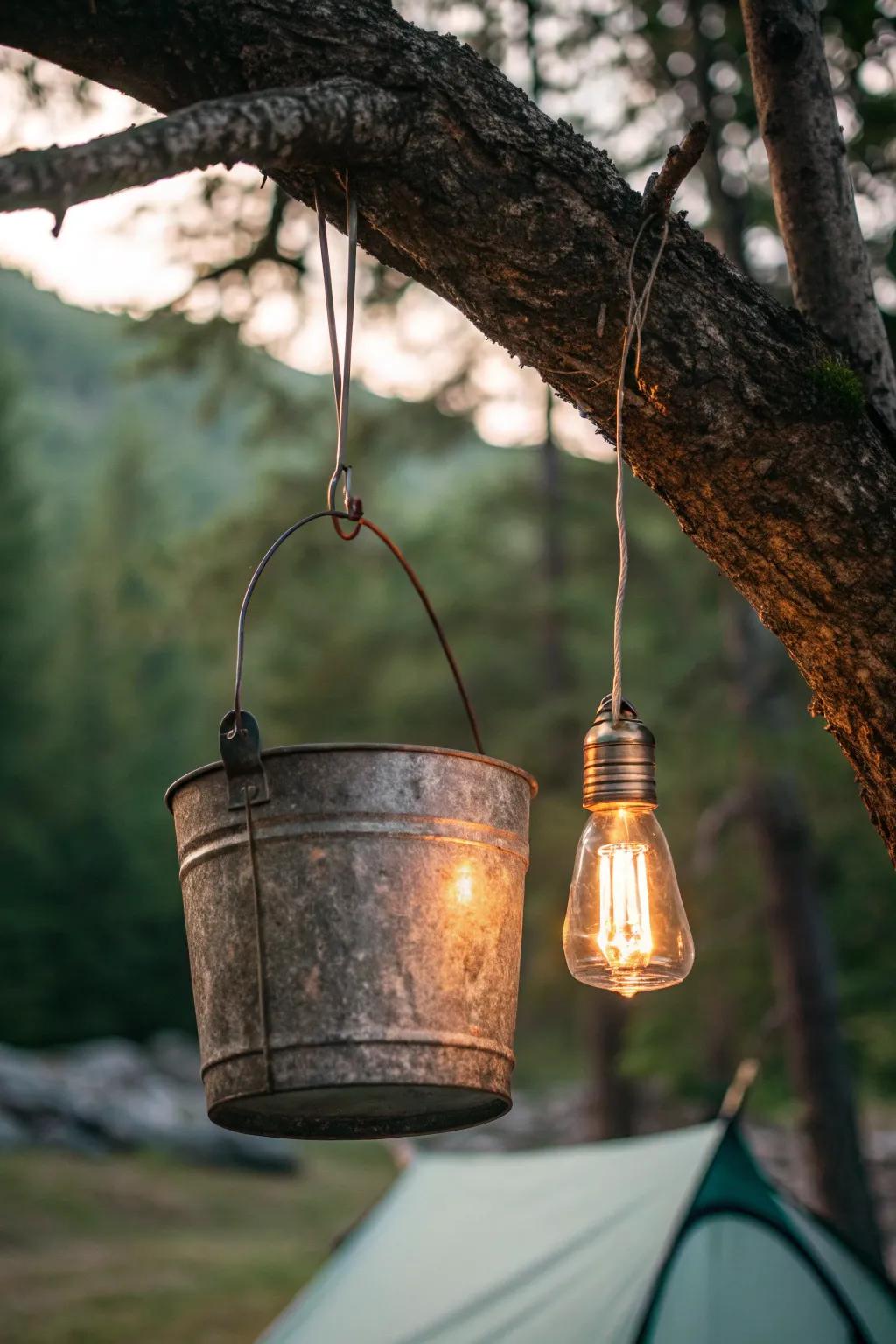 Illuminate your campsite with vintage charm using a handcrafted bucket light with an Edison bulb.