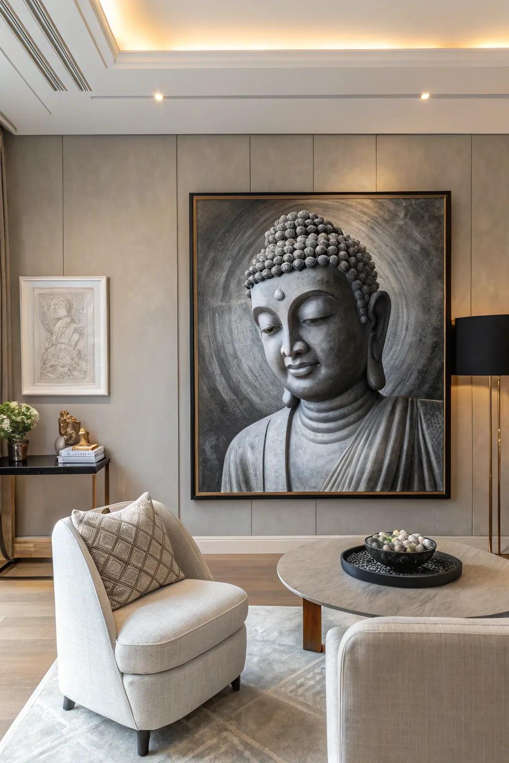 This monochrome Buddha painting adds sophistication to a stylish home studio.