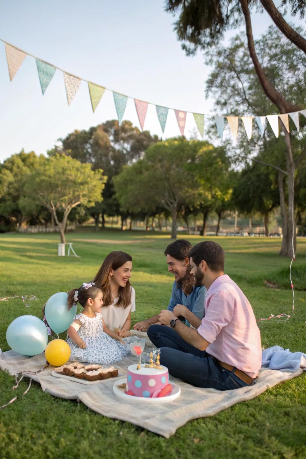 A park offers a beautiful and spacious setting for a birthday party.