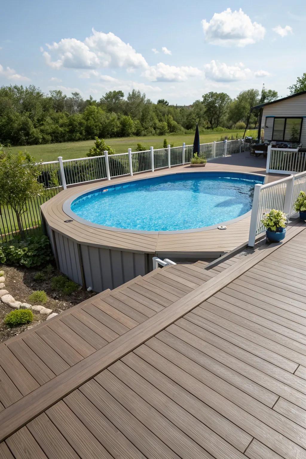 Composite decking offers a durable and stylish solution for your pool deck.