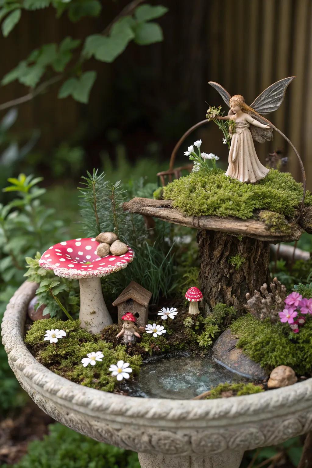 A fairy garden brings a touch of magic to a small backyard.