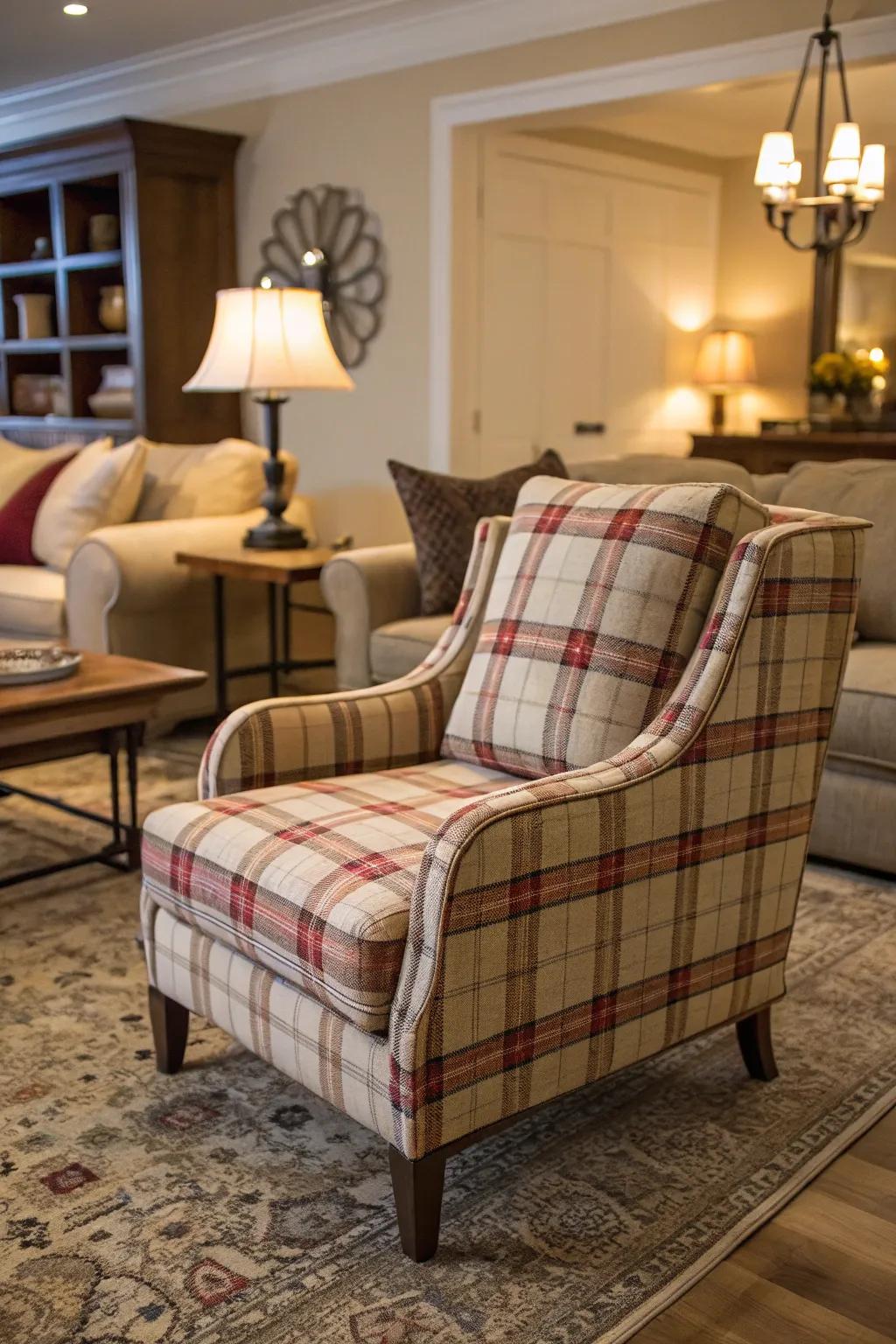 A plaid accent chair creates a focal point and adds contrast.