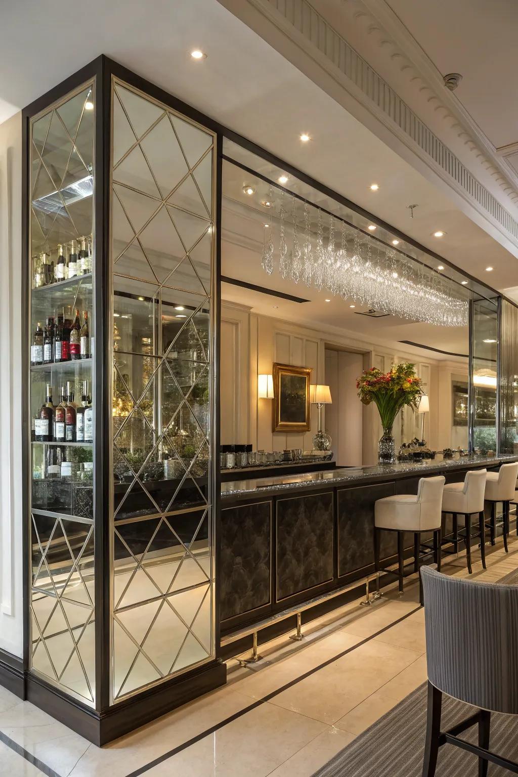 Mirrored accents add depth and style to a contemporary wine bar.