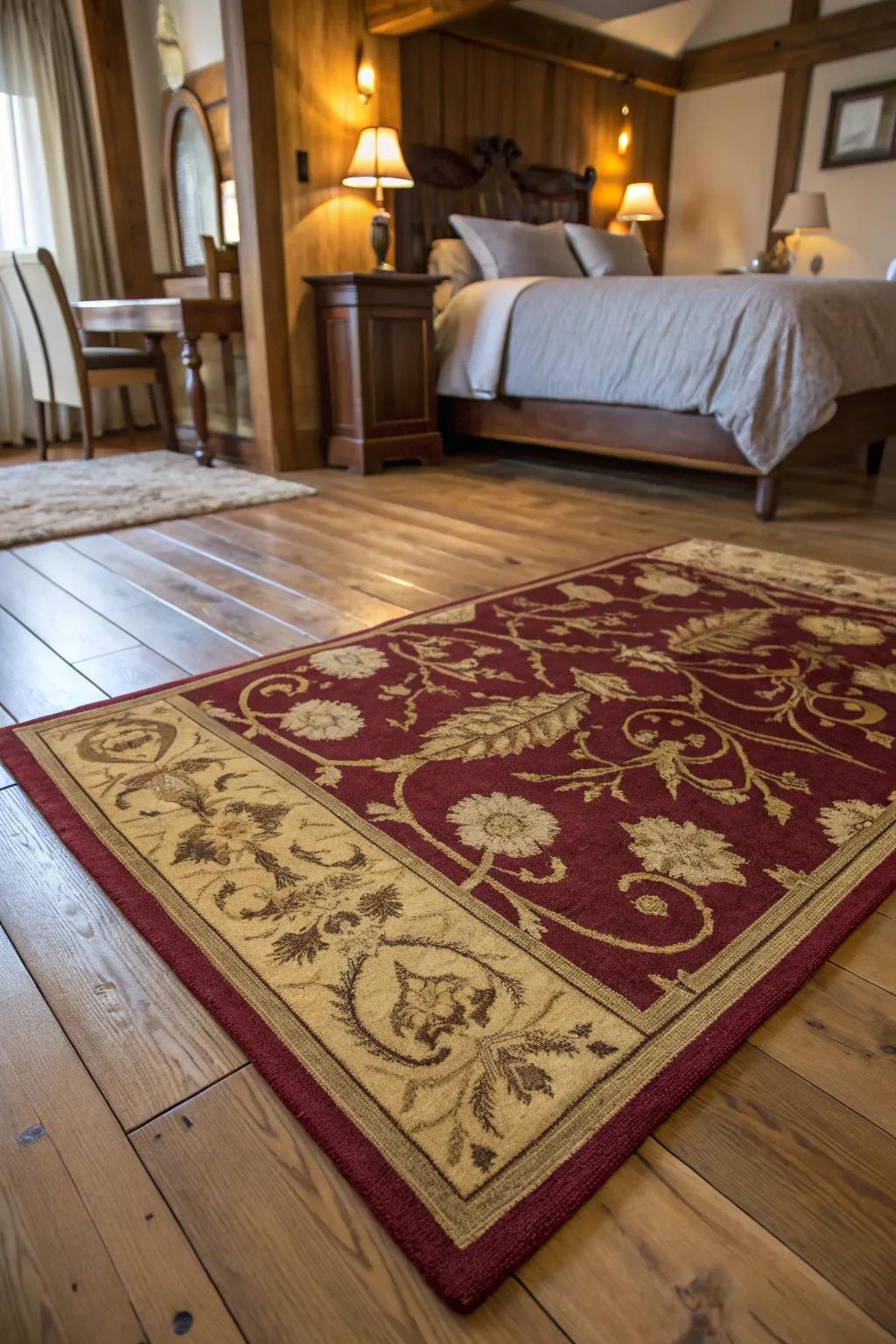 A plush burgundy and gold rug that adds warmth and style.