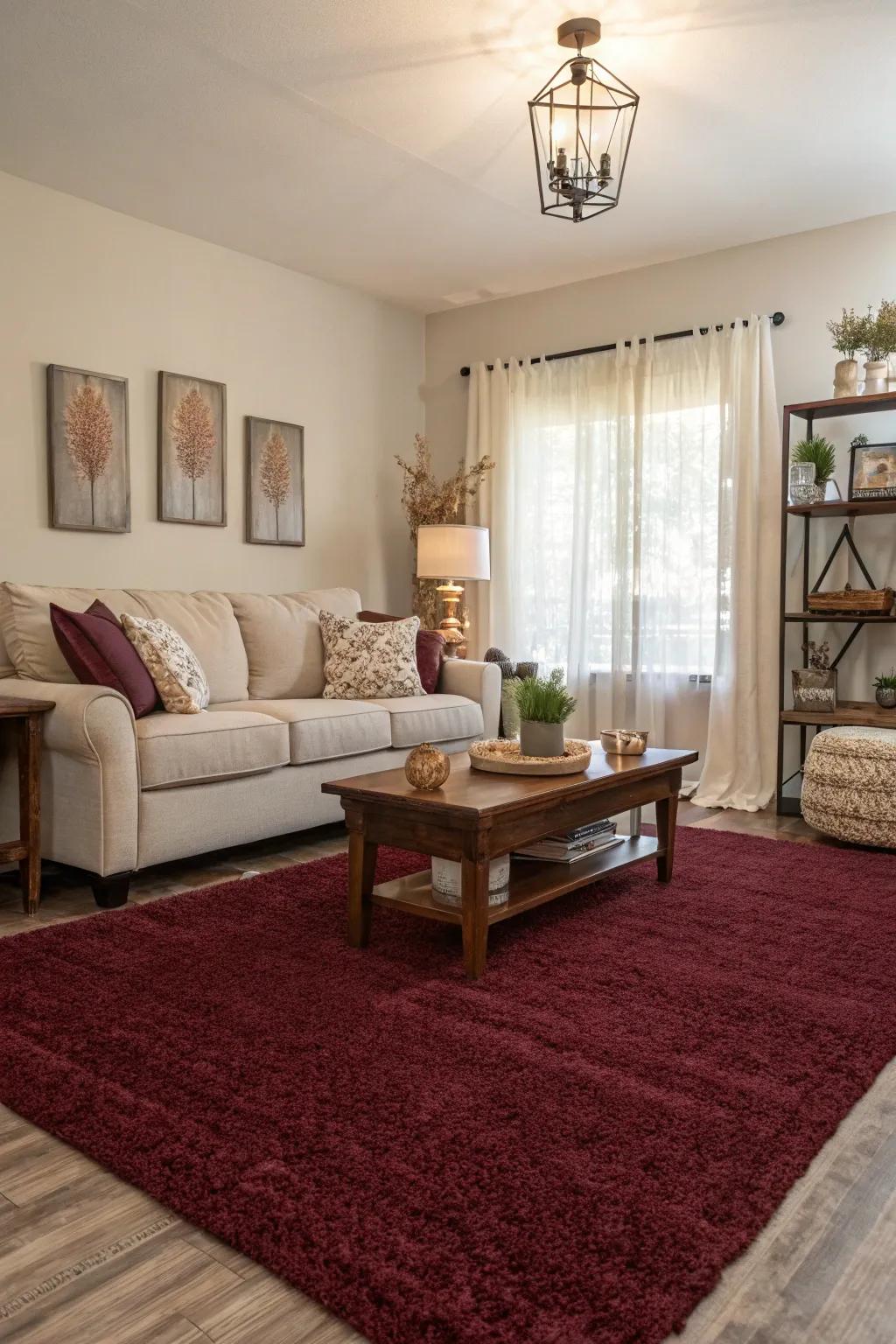 A burgundy rug becomes the centerpiece in this elegantly styled room.