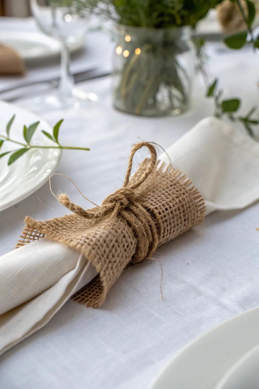 Elevate your table setting with charming burlap knot napkin rings – a perfect blend of simplicity and style.