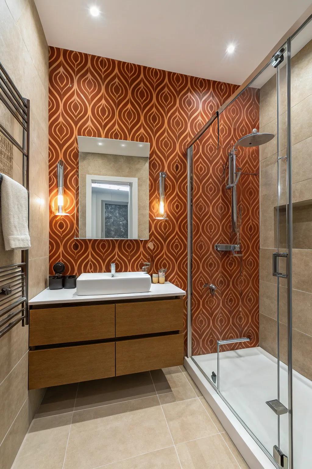 Burnt orange patterns bring visual interest to a contemporary bathroom.