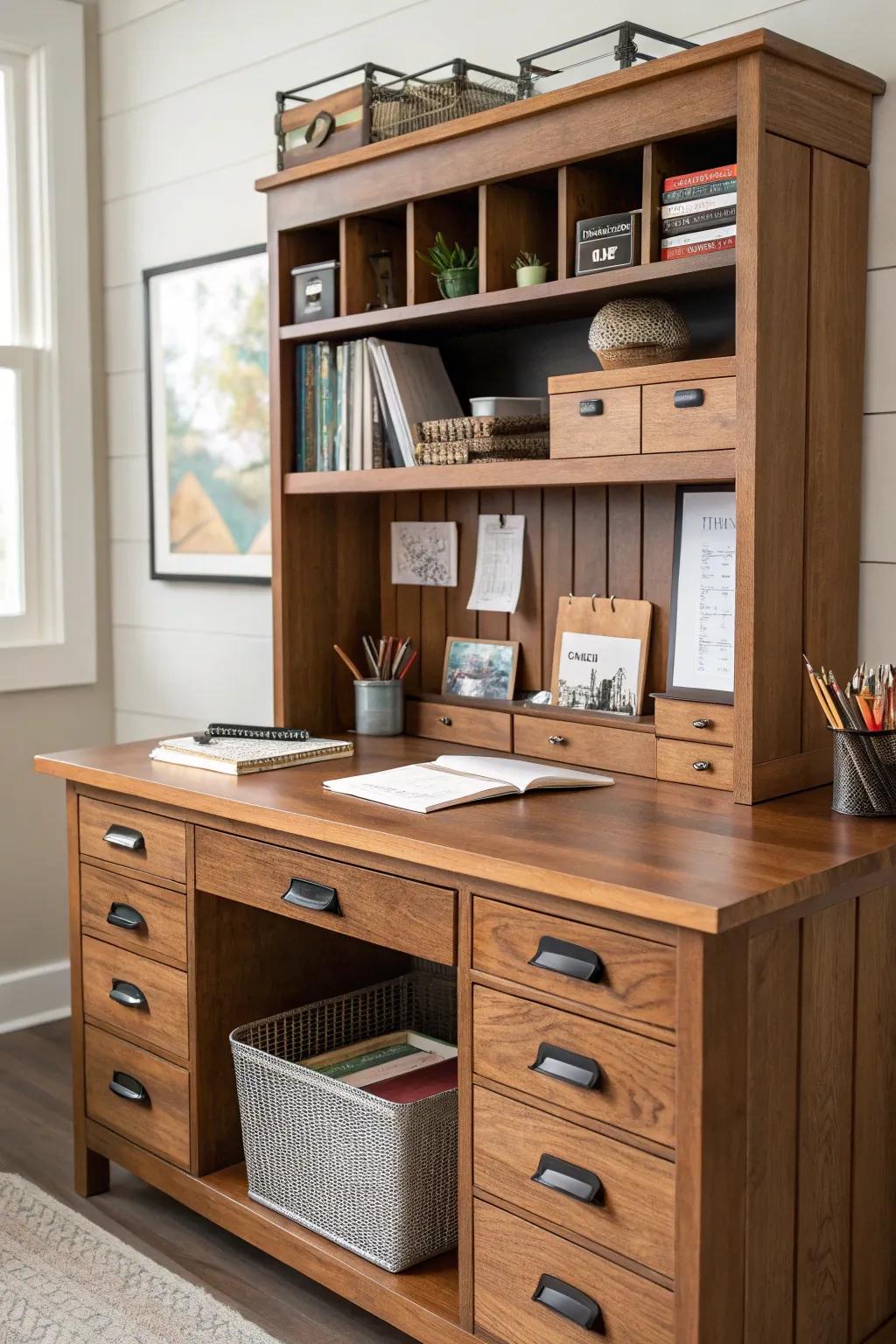 A butcher block desk with practical built-in storage.