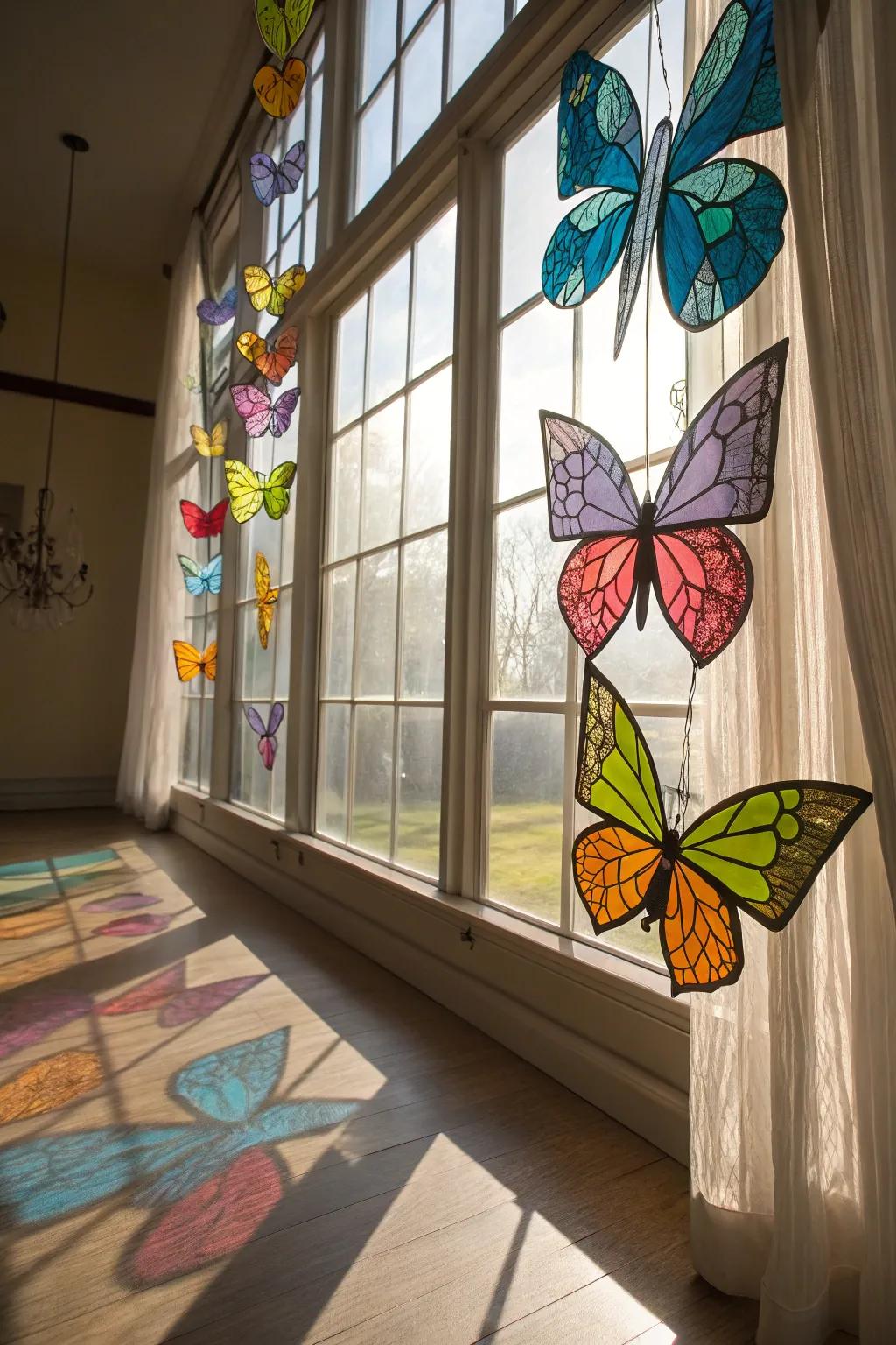 Tissue paper creates a stained glass effect for butterflies.