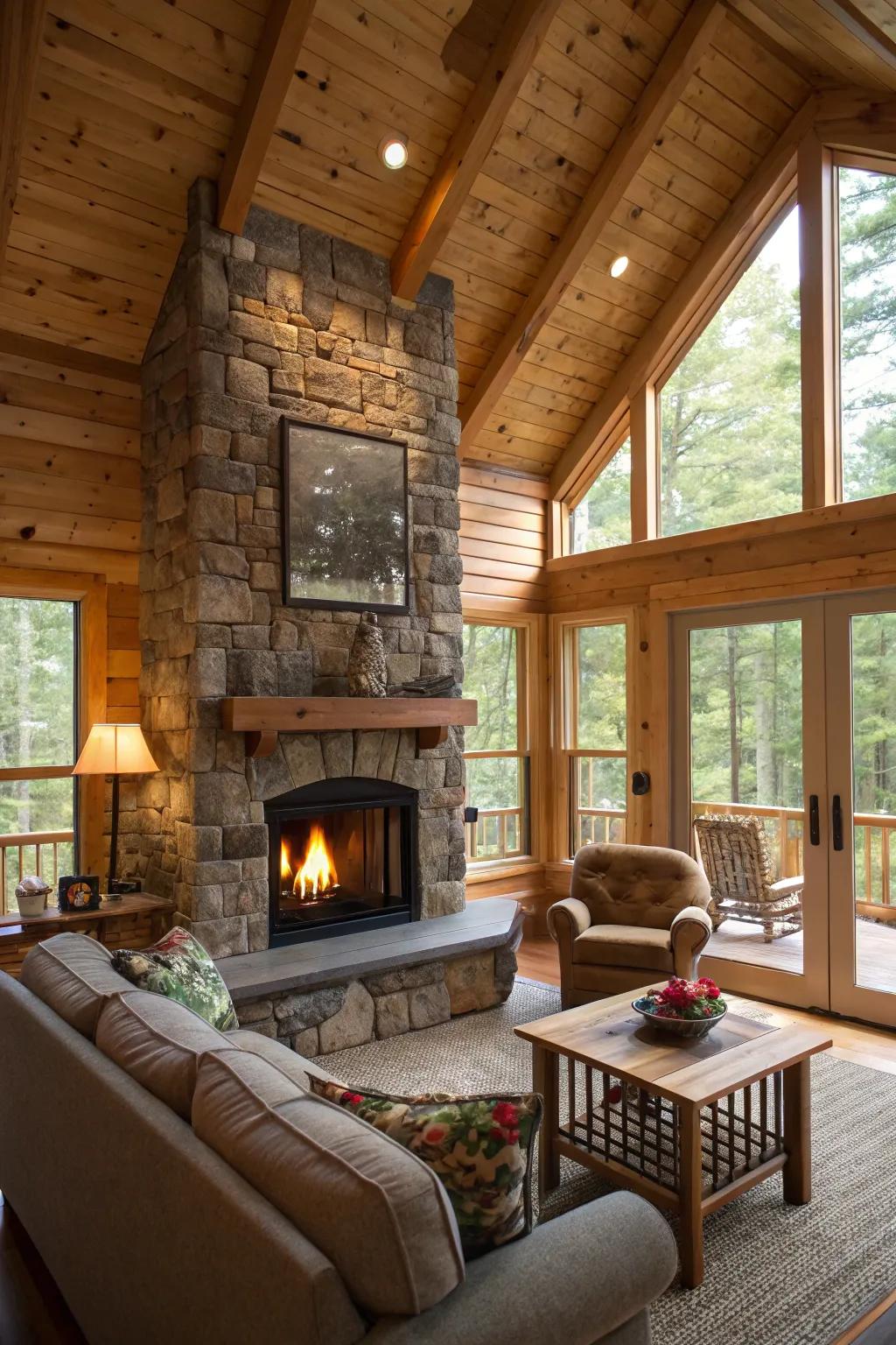 A double-sided fireplace connecting and warming two spaces.