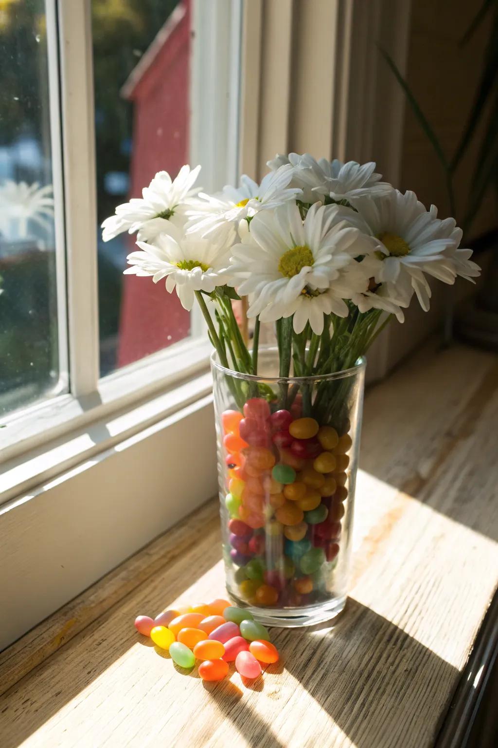 A jelly bean vase brings a splash of color to any room.