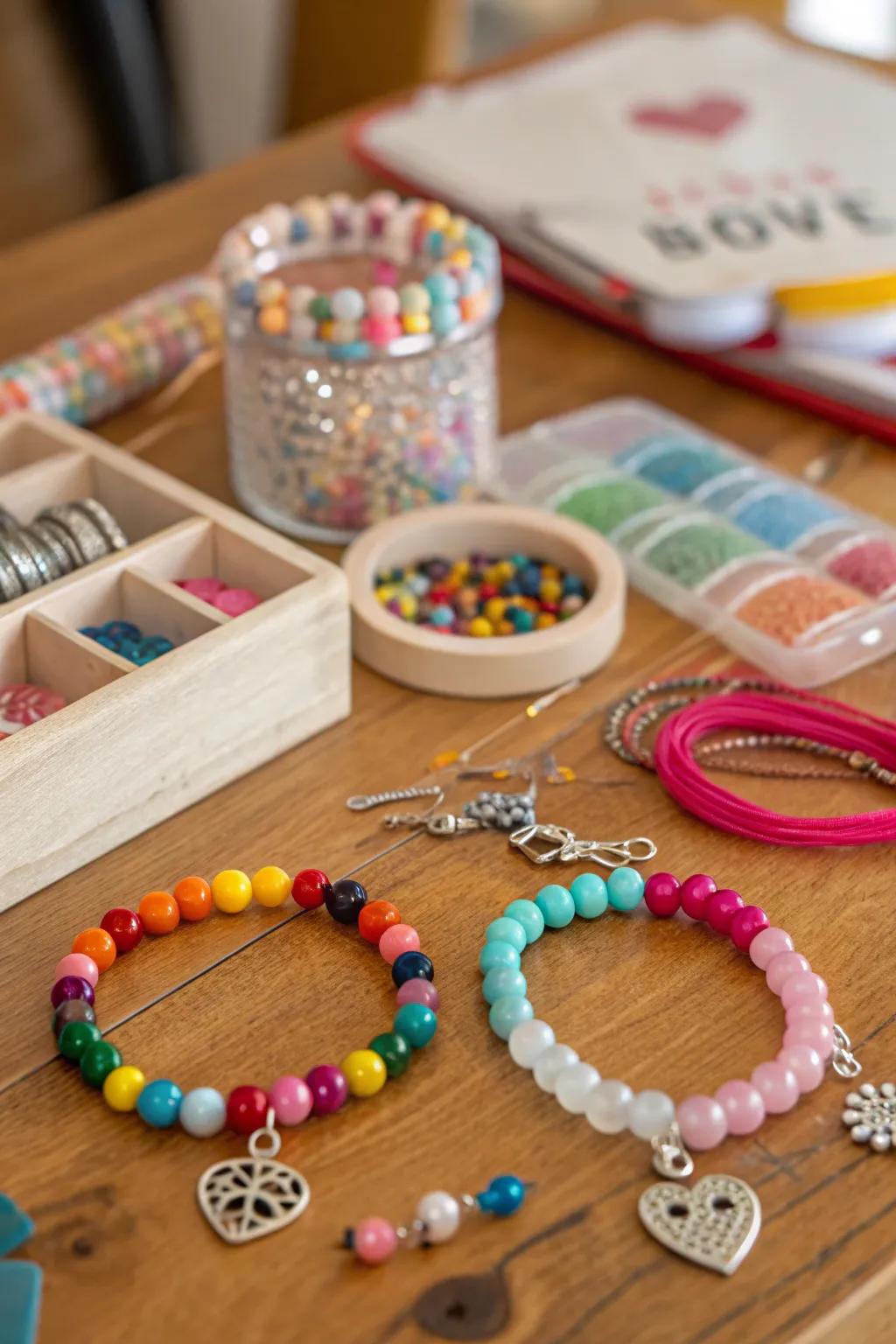 A crafting station for creating unique carnival bracelets.