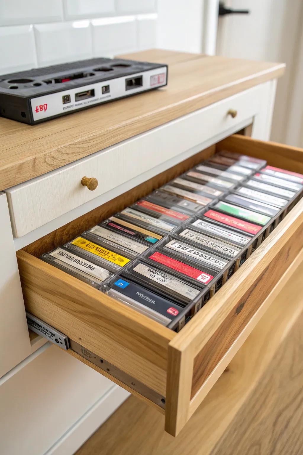 Crafted simplicity: Keep your cassette collection organized in style with a minimalist drawer solution.