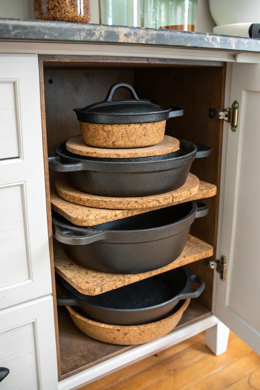 Stacked cast iron cookware with protective cork spacers.