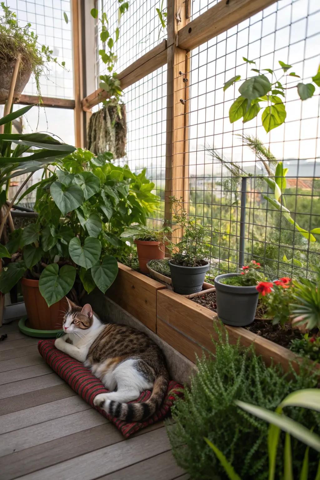 A catio filled with pet-friendly plants and a lounging cat.