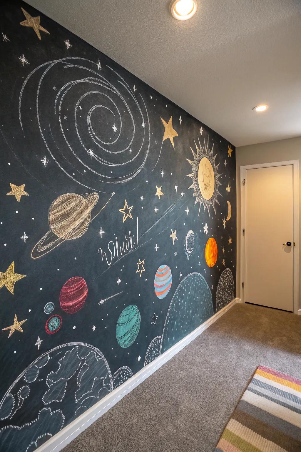 Turn your room into a dreamy stargazing spot with a cosmic galaxy mural.