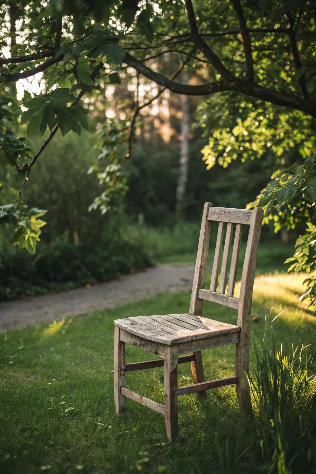 Transform your garden space with a weathered chalk paint chair for a serene, natural look.