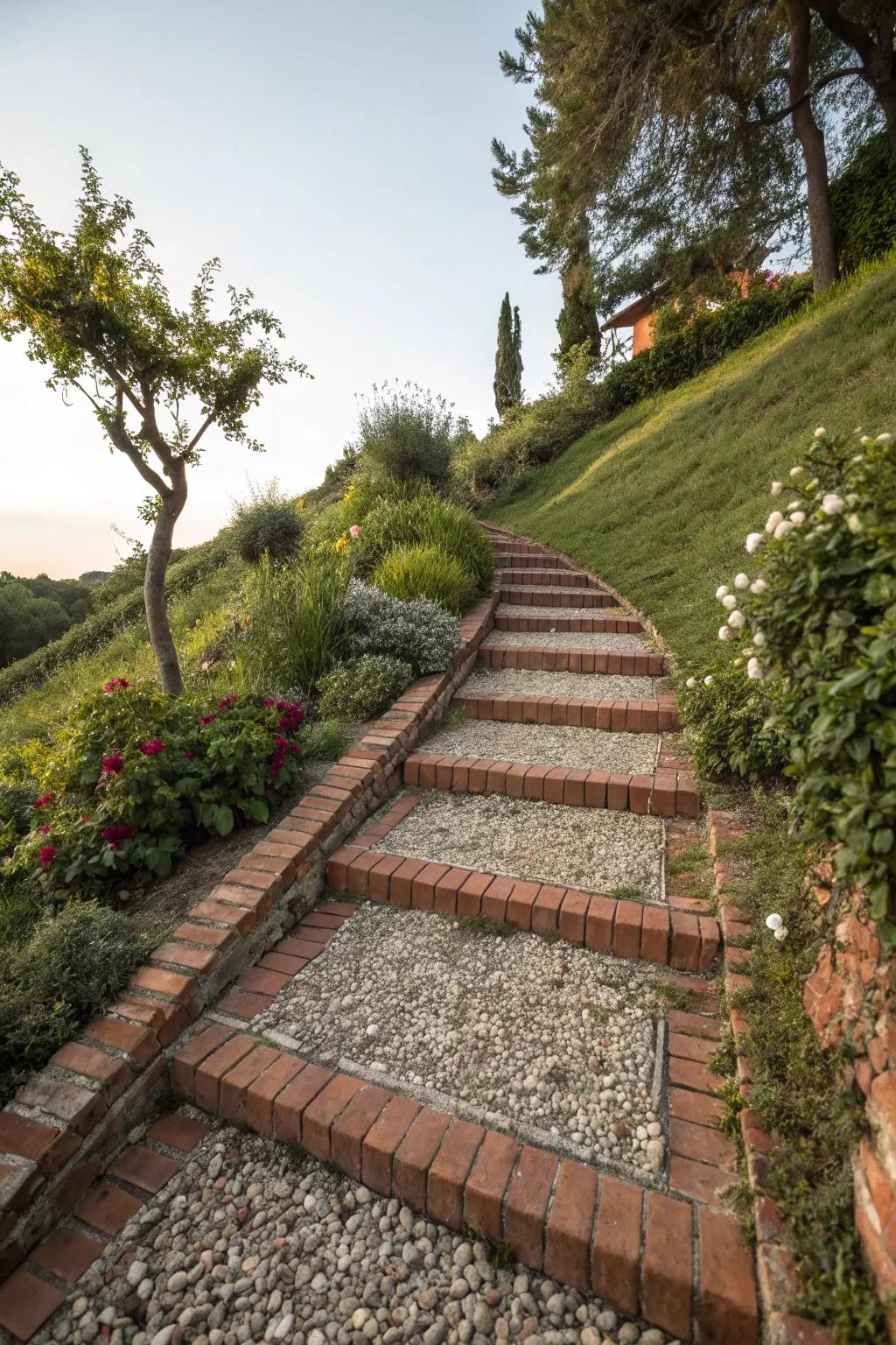 A pebble and brick walkway adds elegance to sloped gardens.