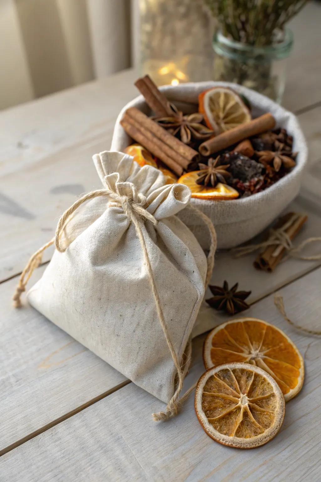 Crafted with care: A touch of holiday warmth in a minimalist potpourri bag.