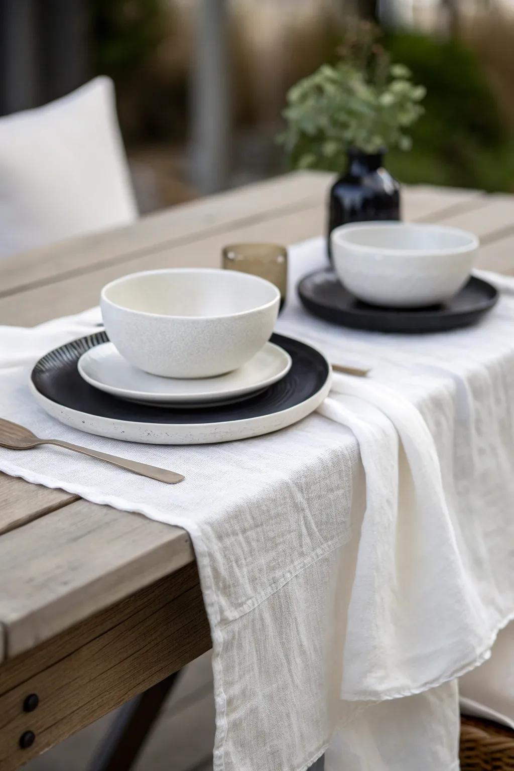 Minimalist chic with a white cheesecloth table runner.