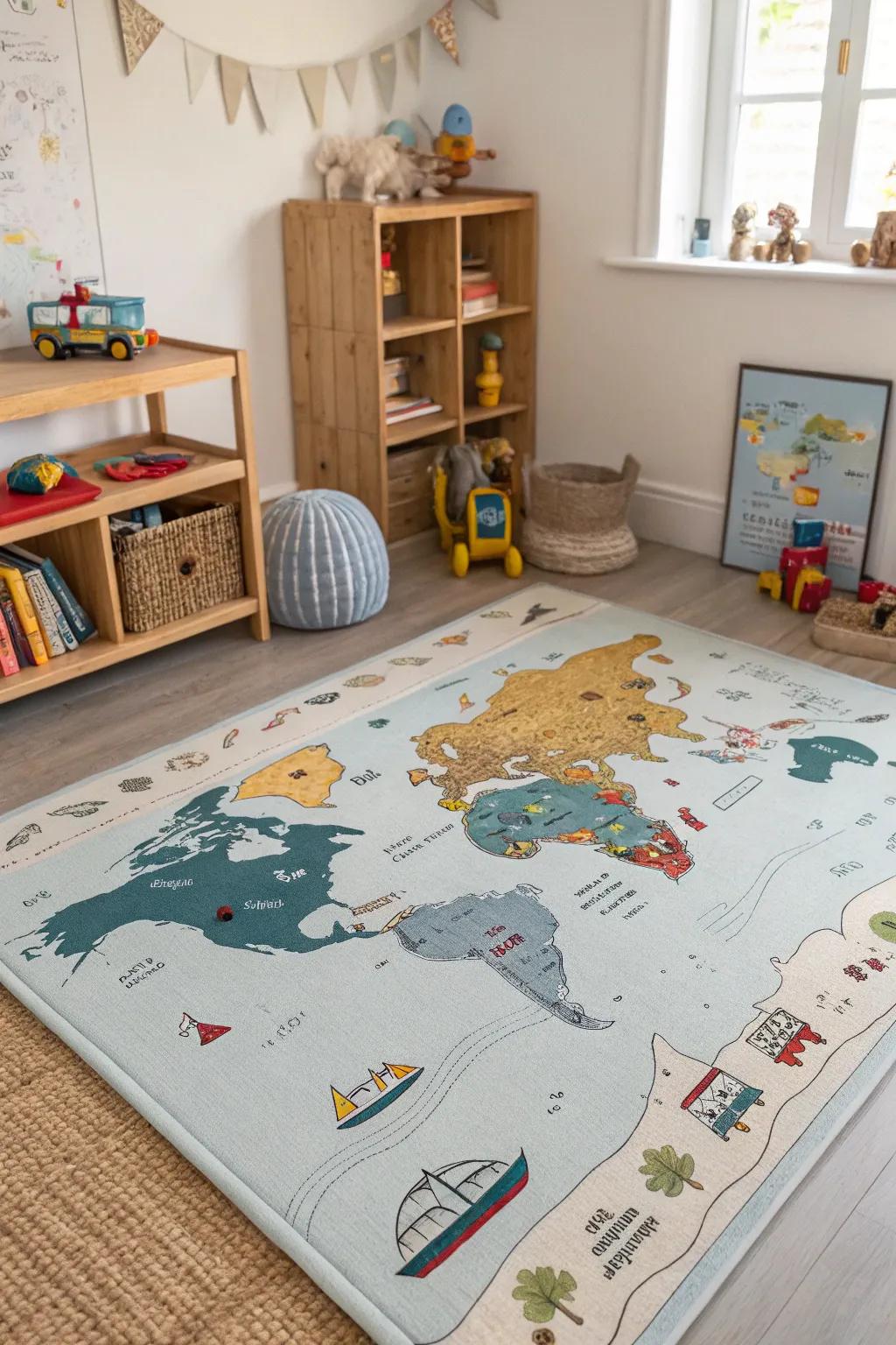 An interactive children's room carpet with an educational map design.