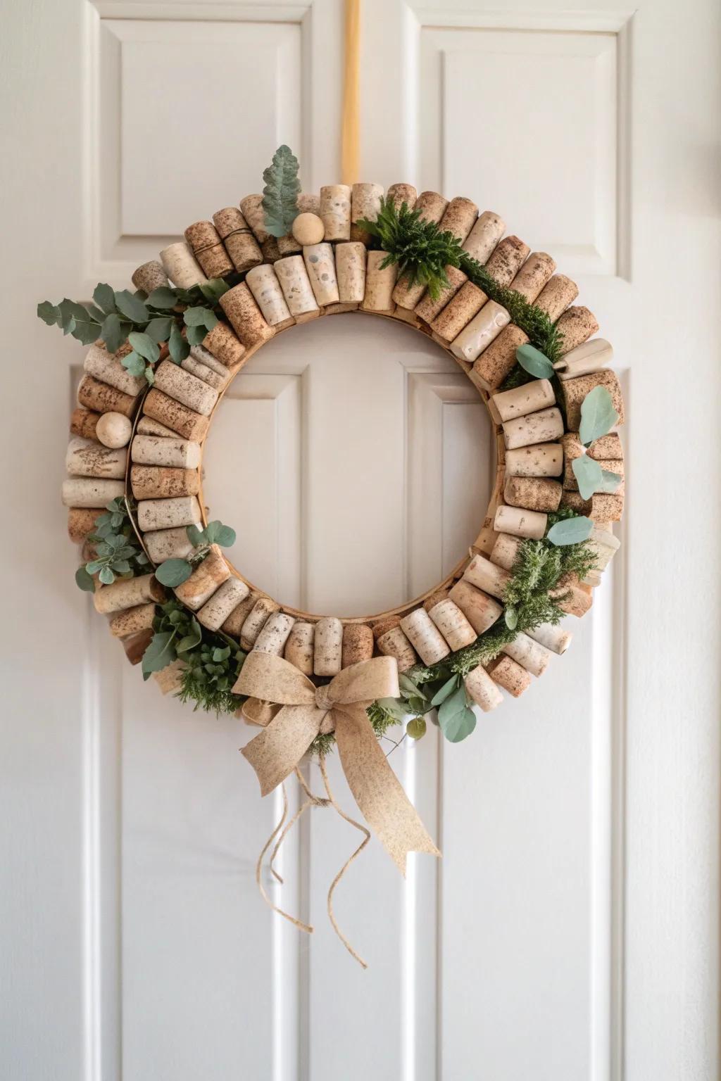 Transform your old wine corks into a stunning wreath that blends Scandinavian minimalism with a boho touch. #SustainableDecor #CraftWithLove