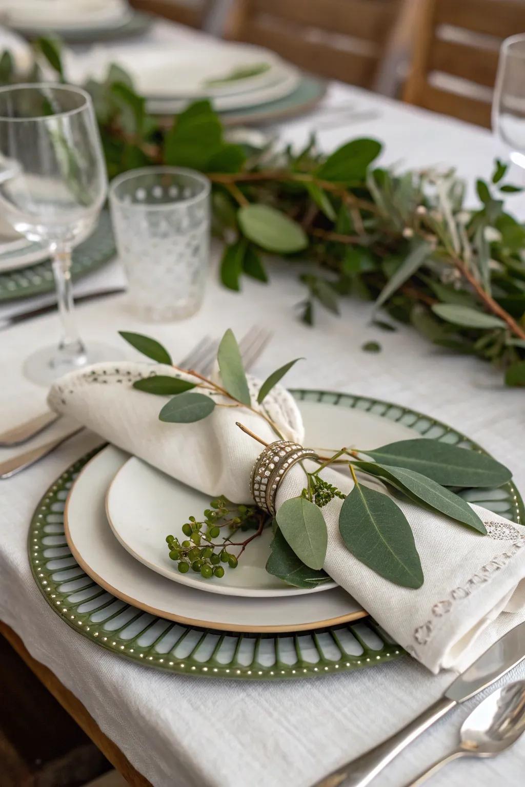 Chic table settings with simple greenery and elegant touches.