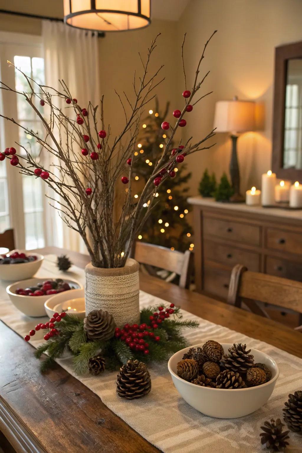 Natural elements bring rustic charm to your festive dining room.