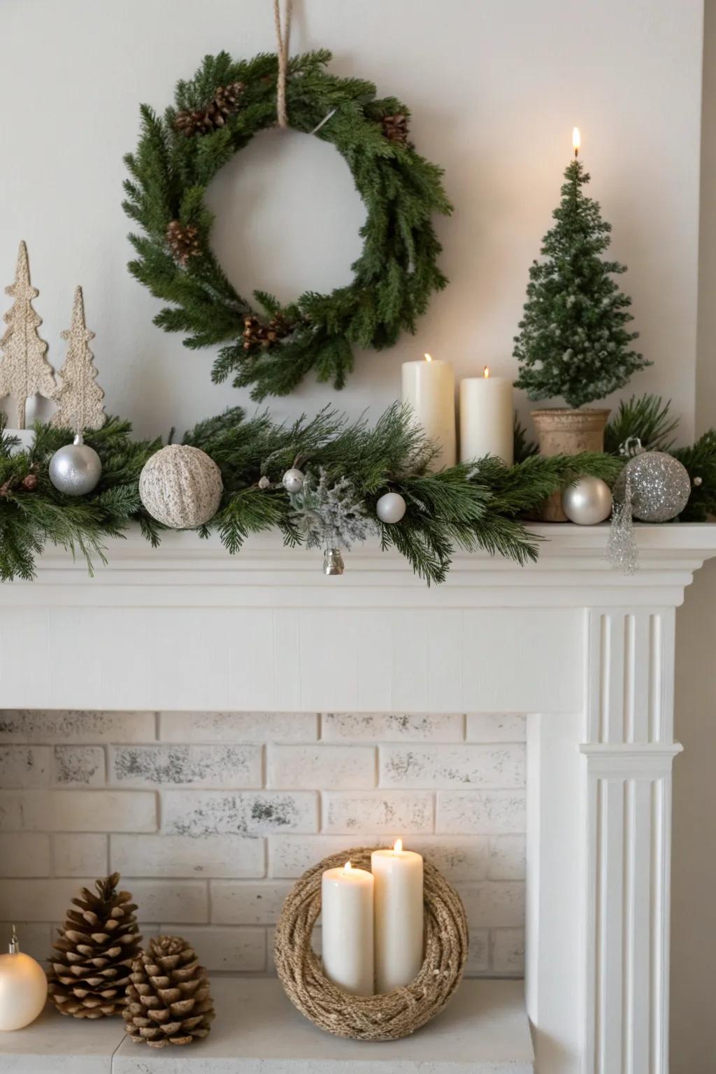 A calming minimalist Christmas mantel.