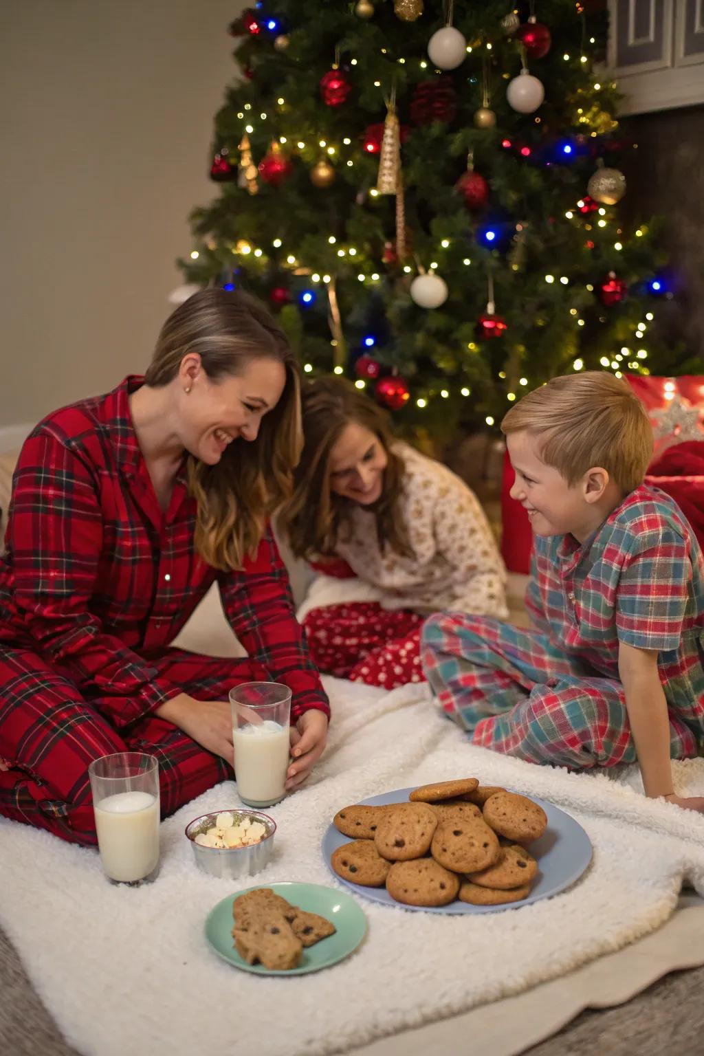 A delightful pajama picnic under the Christmas tree, filled with treats and laughter.