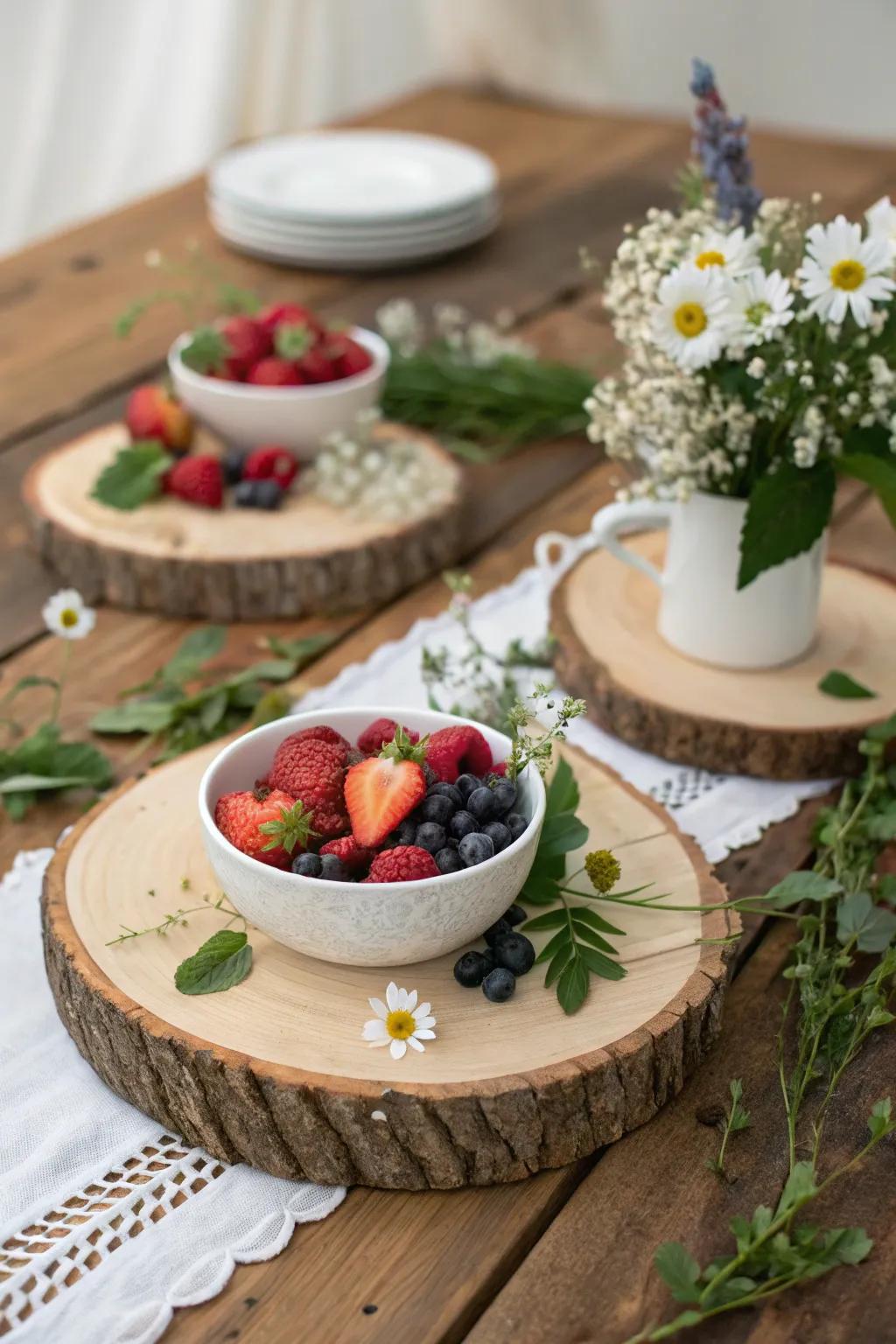 A nature-inspired table setup with wood and berry accents.