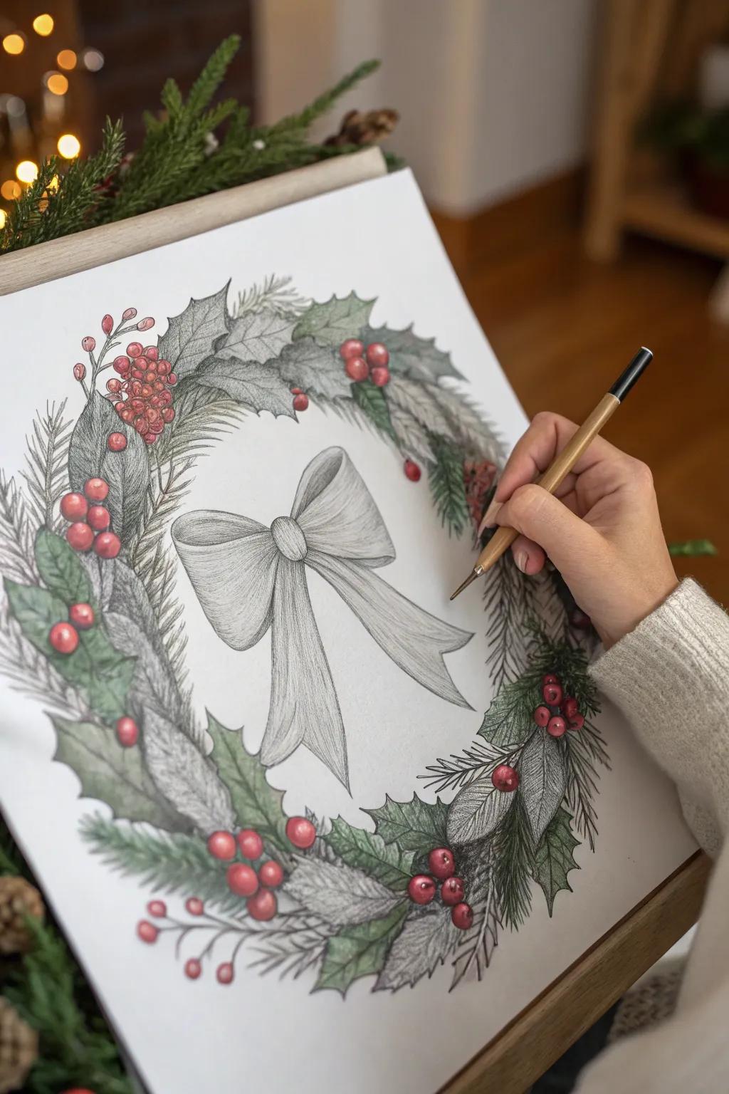 An elegant wreath sketch, perfect for the holidays.