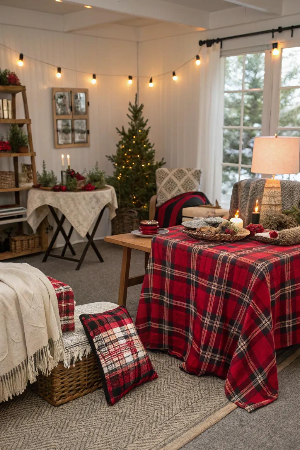 Embrace warmth with a plaid and cozy theme.