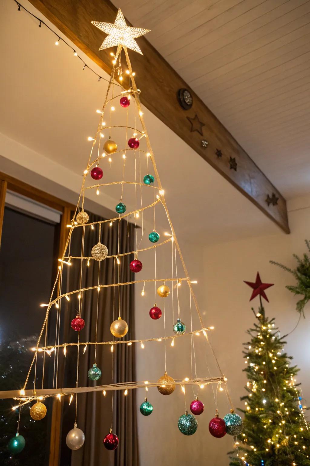 A whimsical string tree adorned with ornaments adds a magical touch to the holidays.