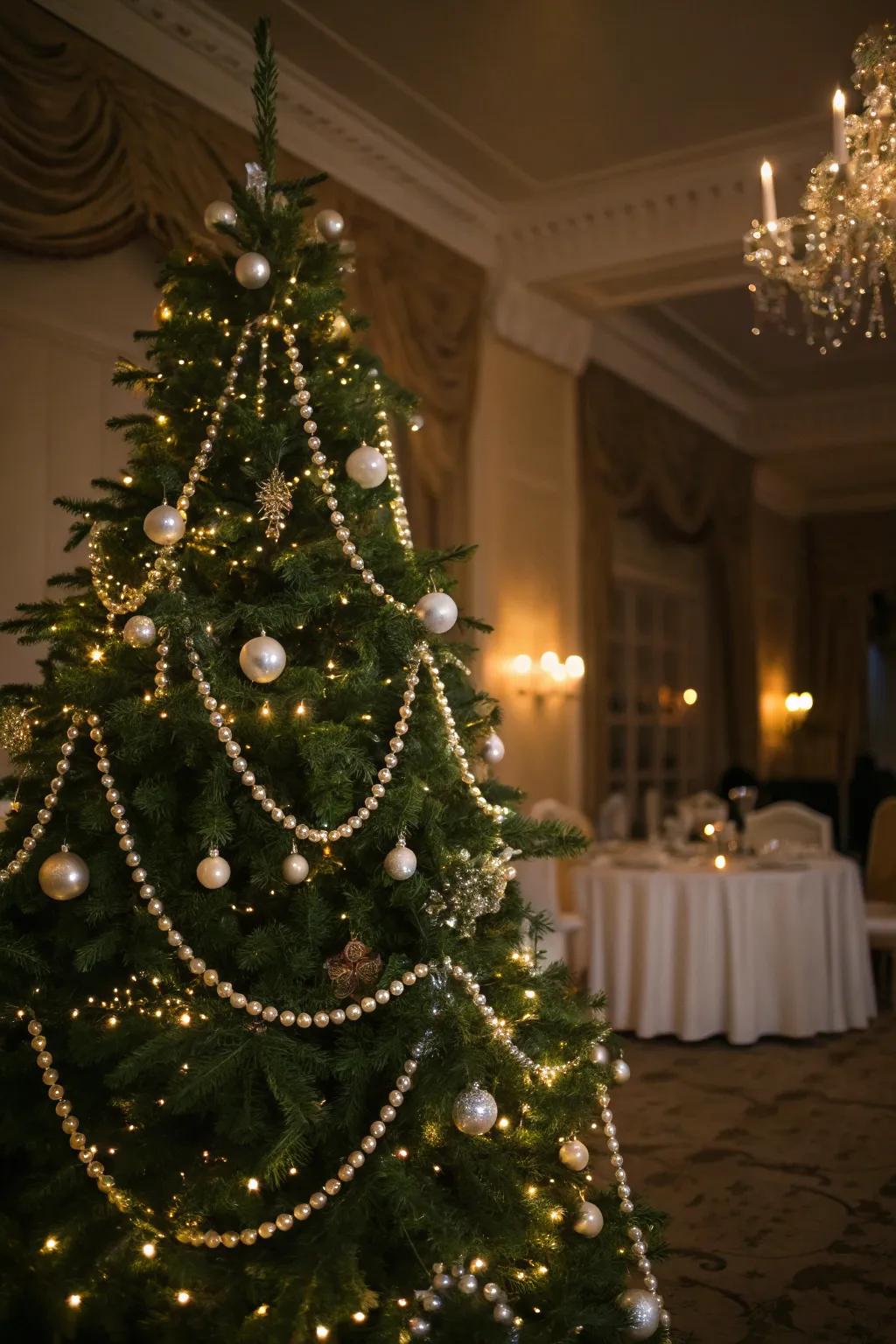 A sophisticated Christmas tree with pearl bead garlands