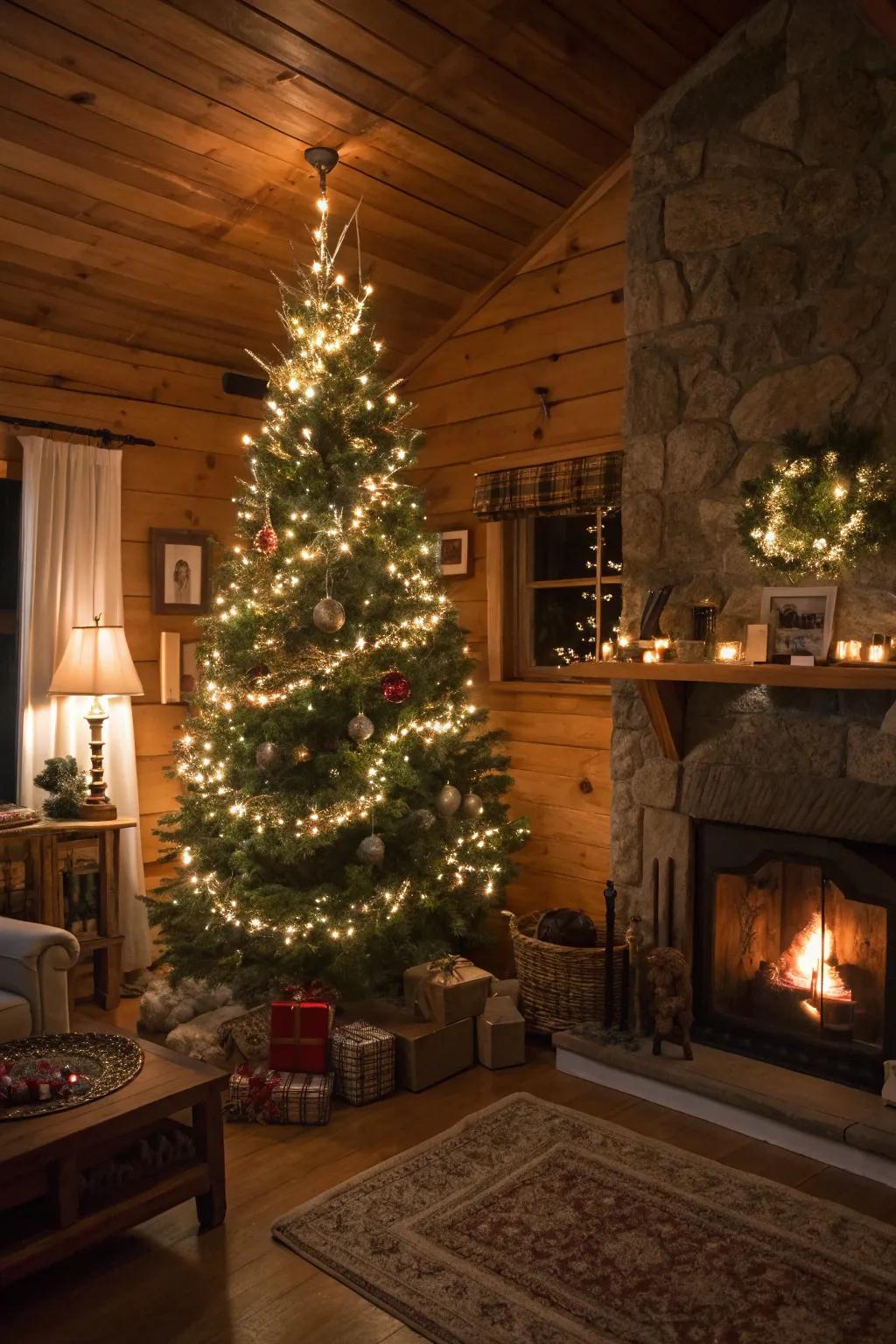 Warm white lights adding a cozy glow to a Christmas tree.