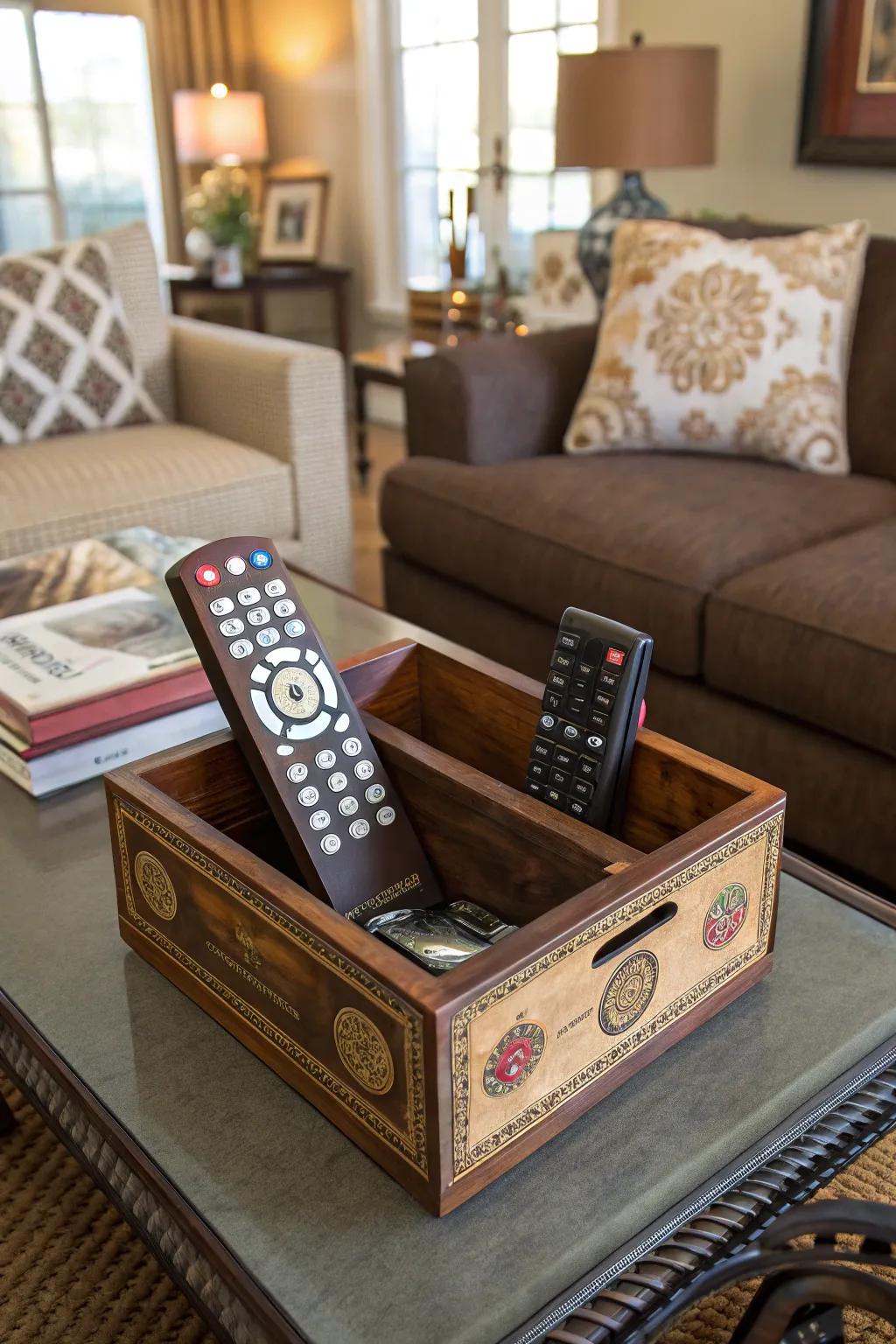 A stylish remote control holder from a cigar box keeps your living room tidy.