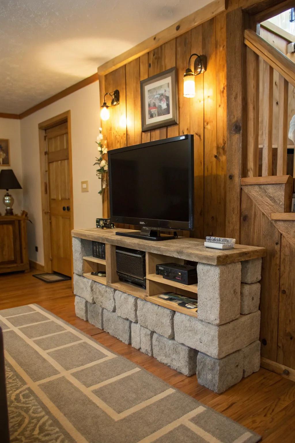 Rustic charm exudes from this cinder block and reclaimed wood TV stand.