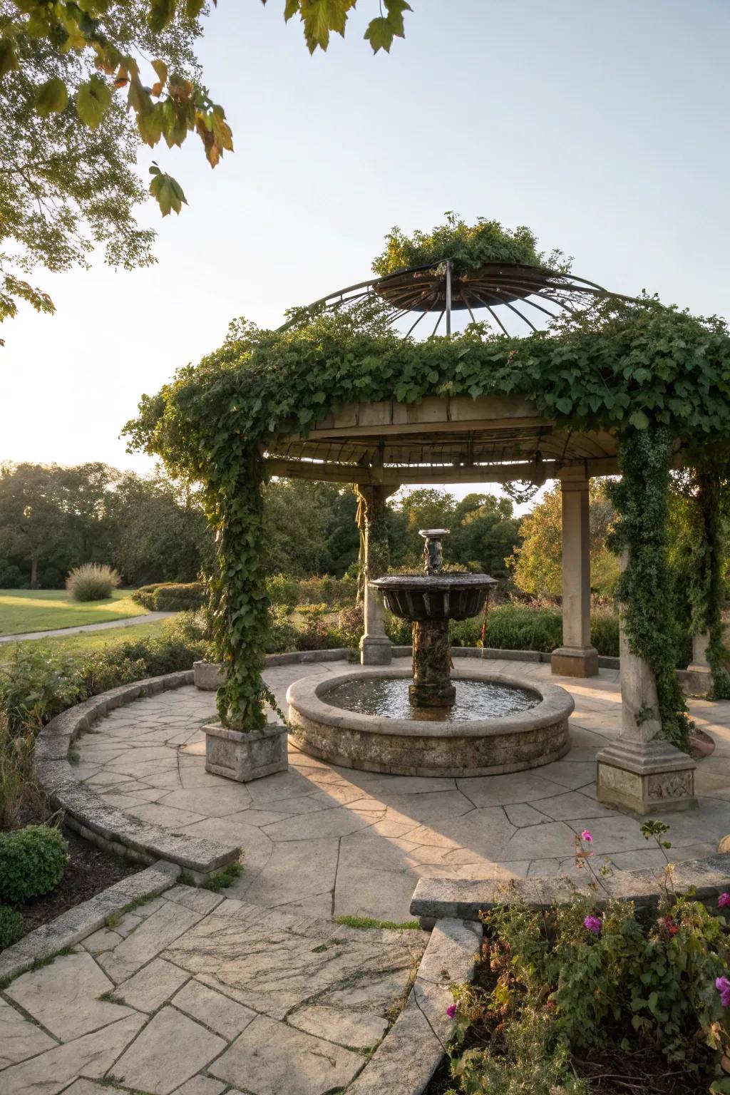 A water feature pergola offers a soothing and tranquil atmosphere.