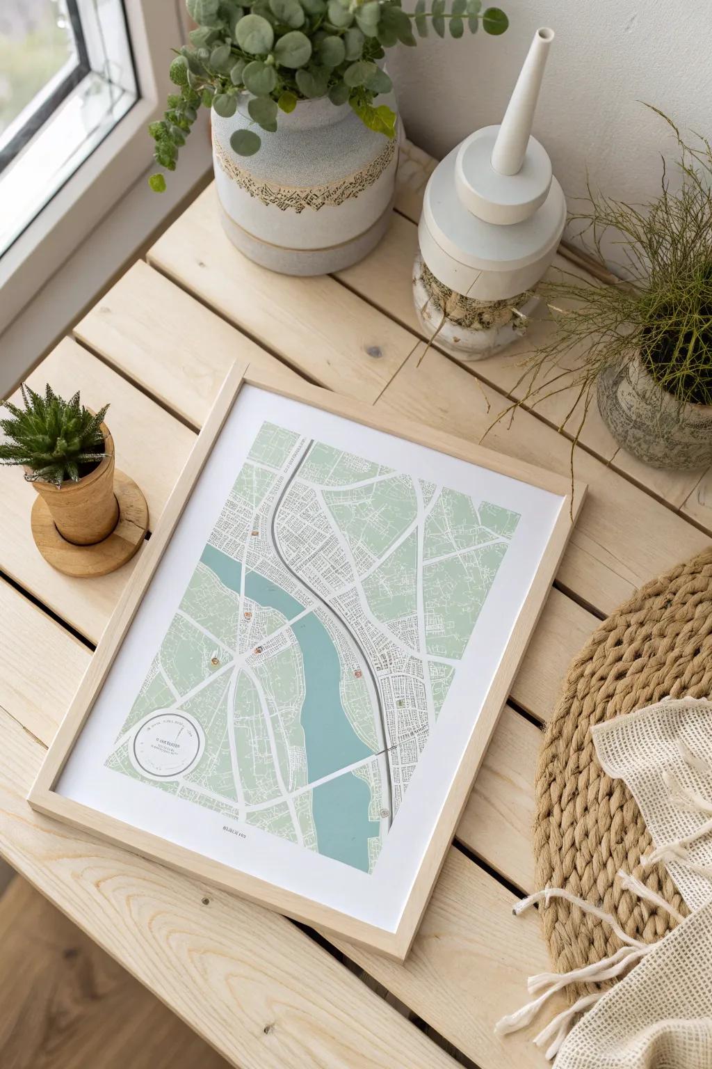 Elevate your space with a touch of nature: a minimalist city map highlighting local parks and rivers.