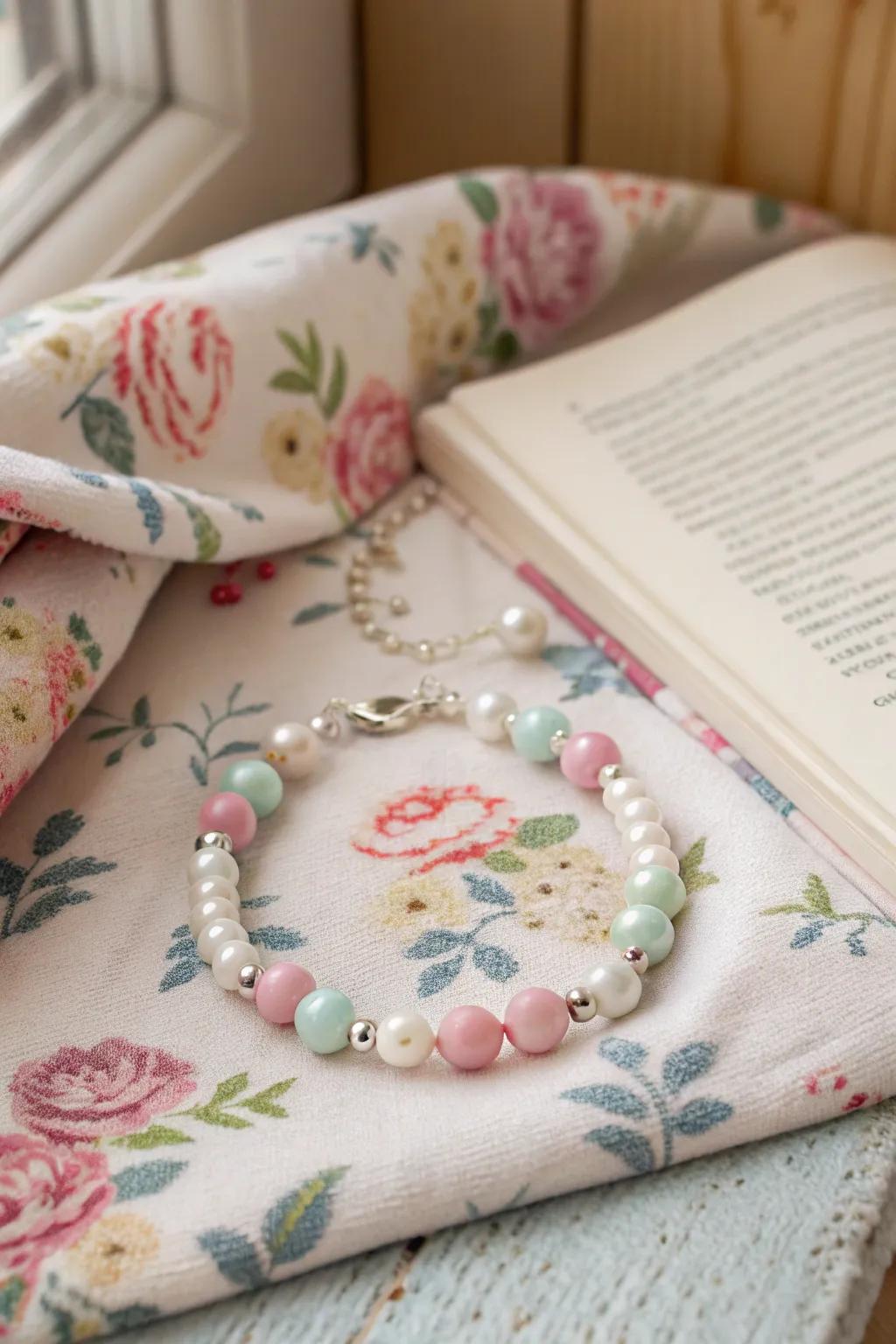 Dreamy pastels and pearls for a soft, feminine bracelet.