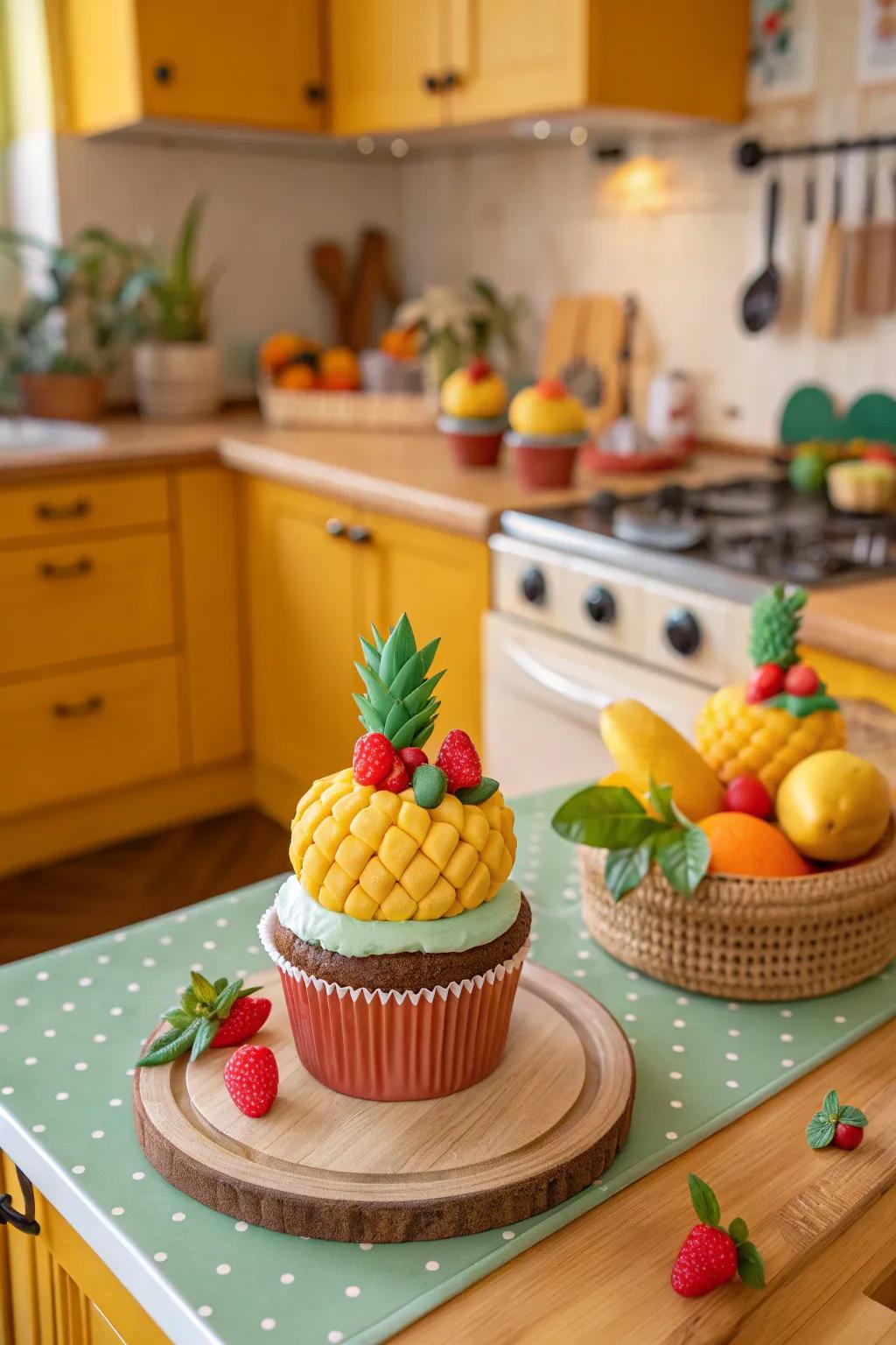 A tropical fruit topped clay cupcake, a burst of color and fun.