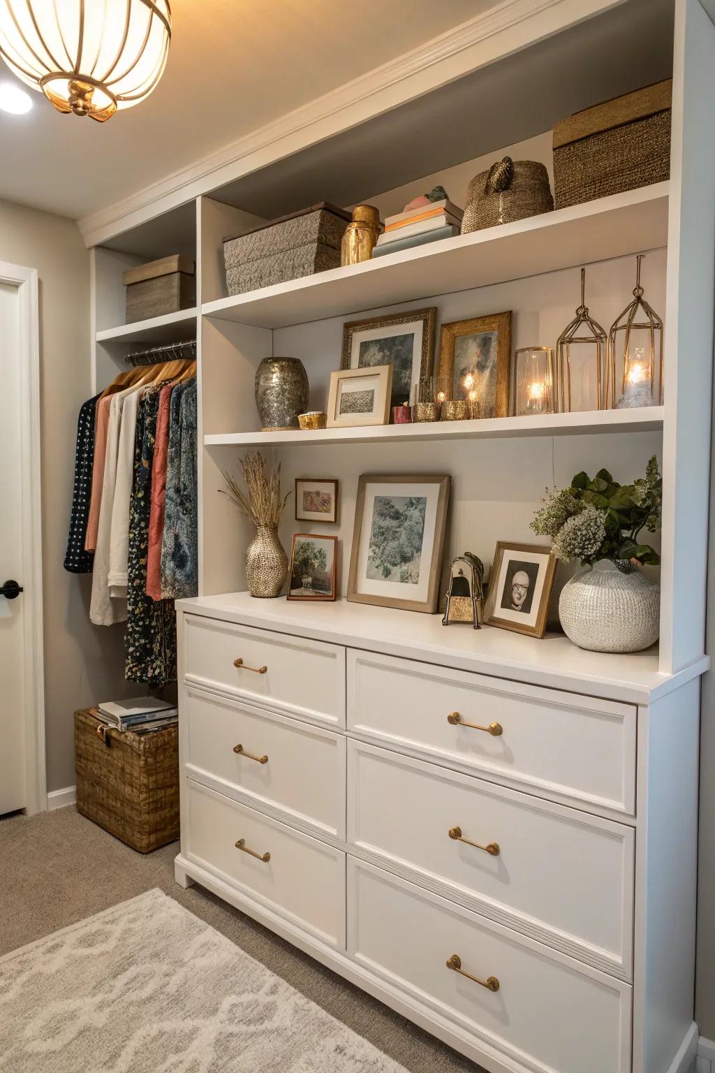 Open shelving above a dresser, ideal for personalization and organization.