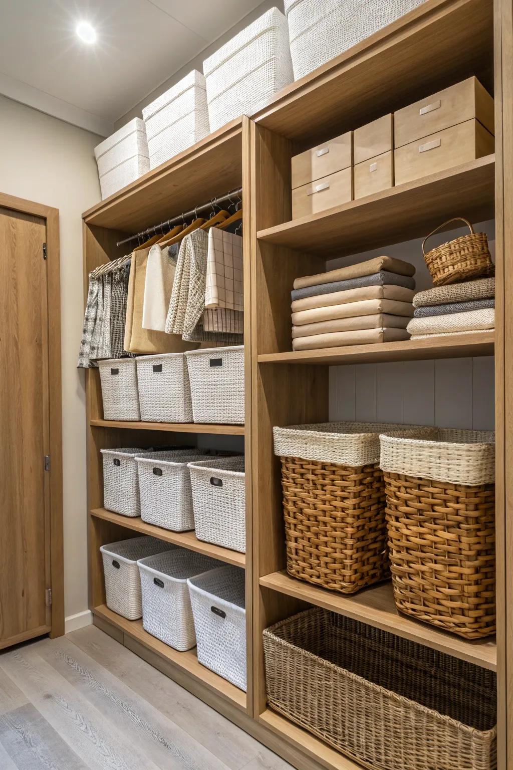 A closet featuring woven baskets and bins for organizing small items.