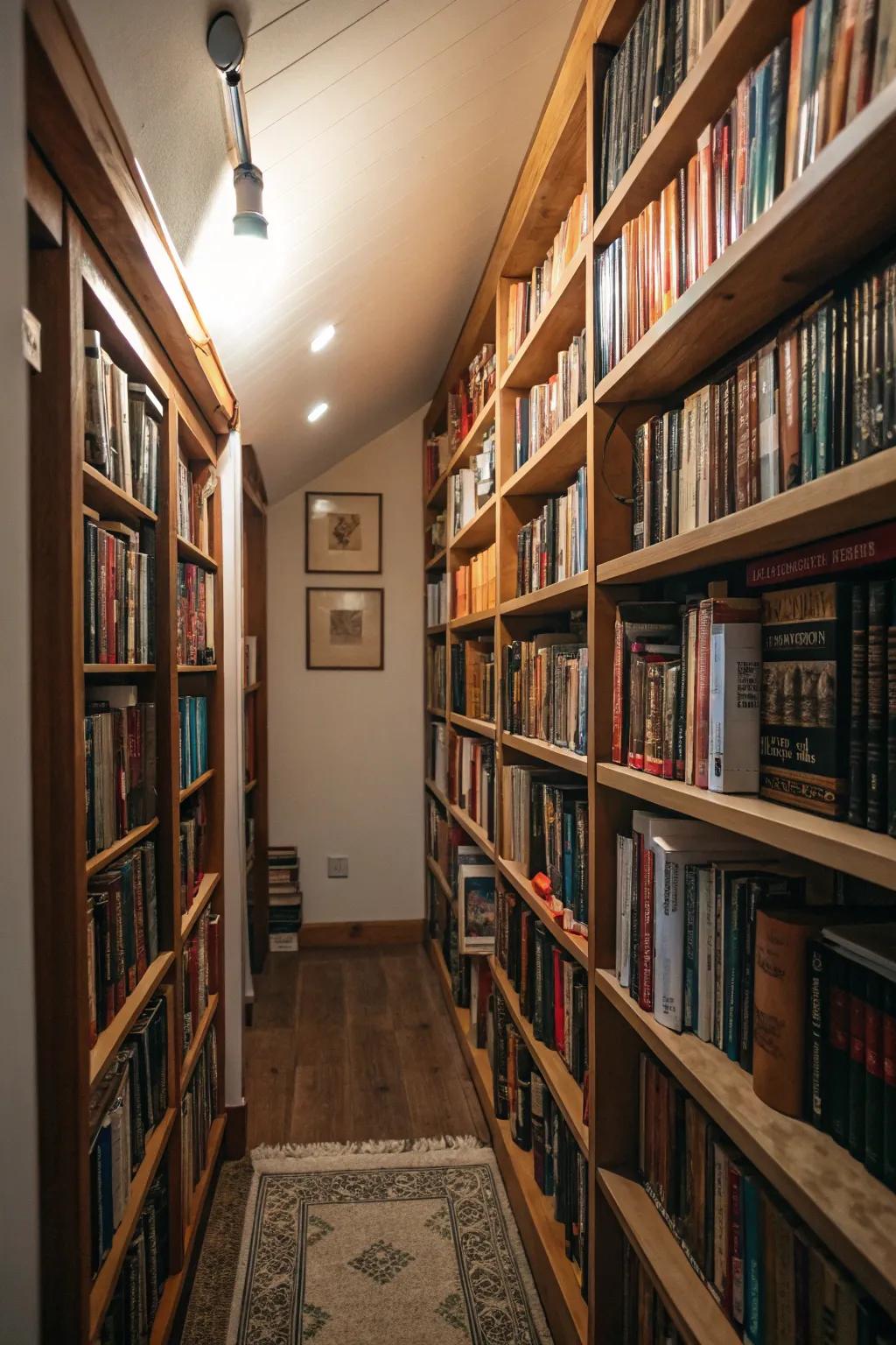 Tall shelves help maximize vertical space in a small library.