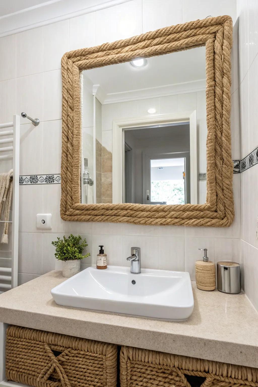 A bold vanity mirror serves as both function and focal point.